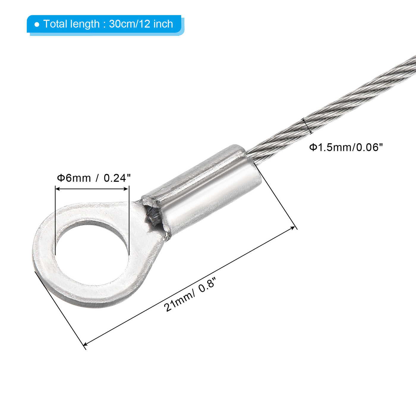 Harfington 1.5mm x 30cm Edelstahl Sicherheit Kabel 3Pack 6mm ID Ösen Abgeschlossen Sicherheit Draht Seil Gepäckschloß für Licht Außen Reise Silber