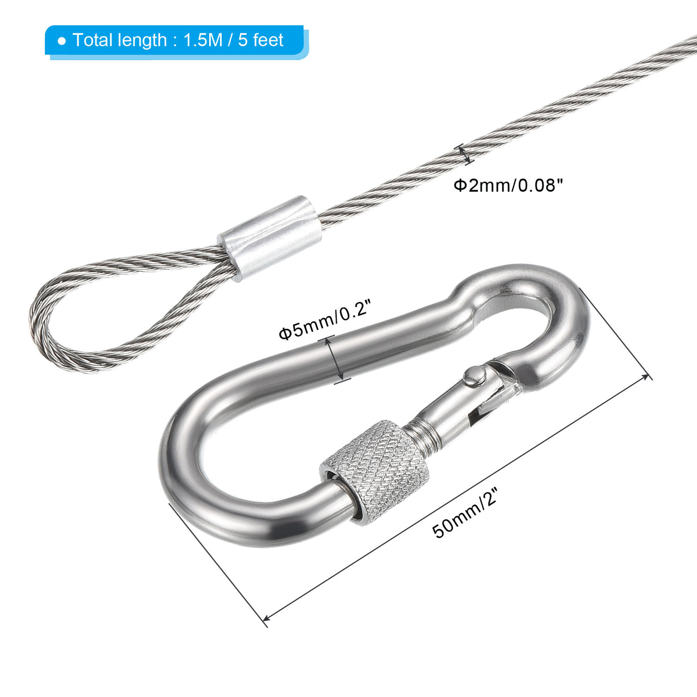 Harfington 2mmx1.5m(5Ft) Safety Cable Lock Wire with Snap Hook, Stainless Steel Hanging Security Cable with Loops for Luggage, Lighting, Travel