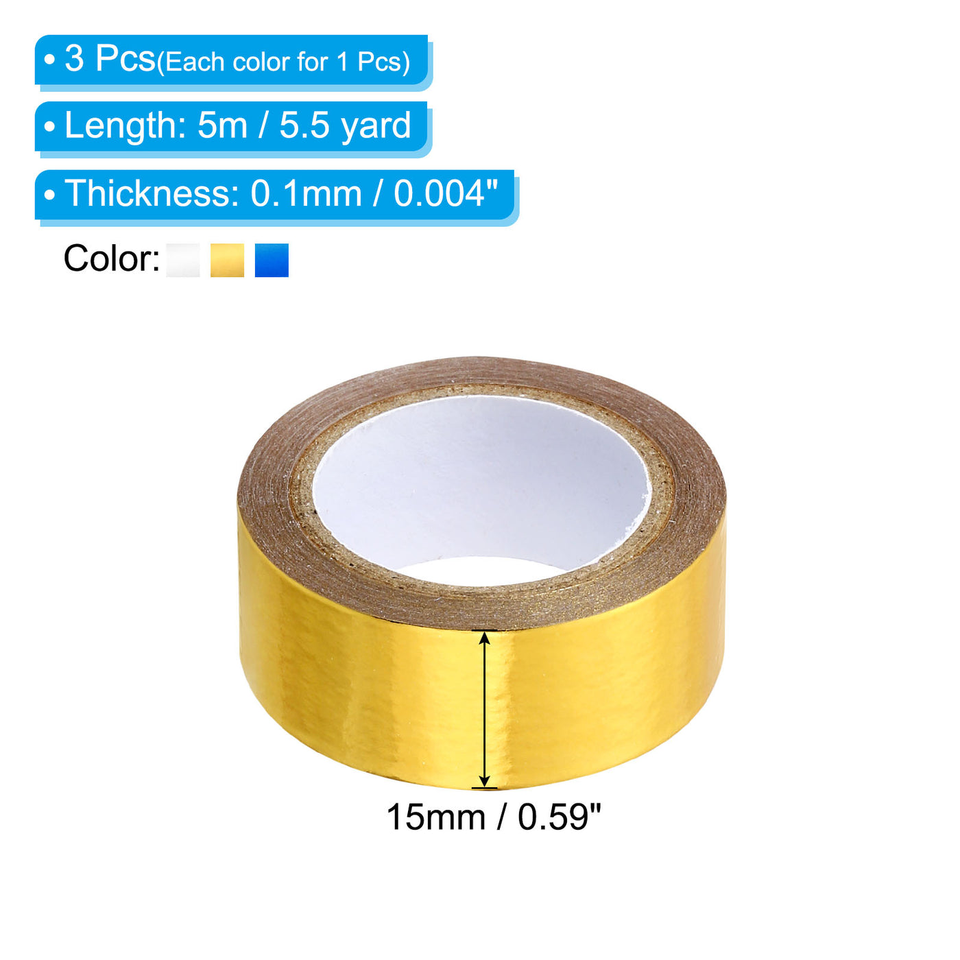 Harfington Metallic Washi Tape 15mmx5m, 3 Pack Tapes Adhesive Gold Tone, Silver Tone, Blue