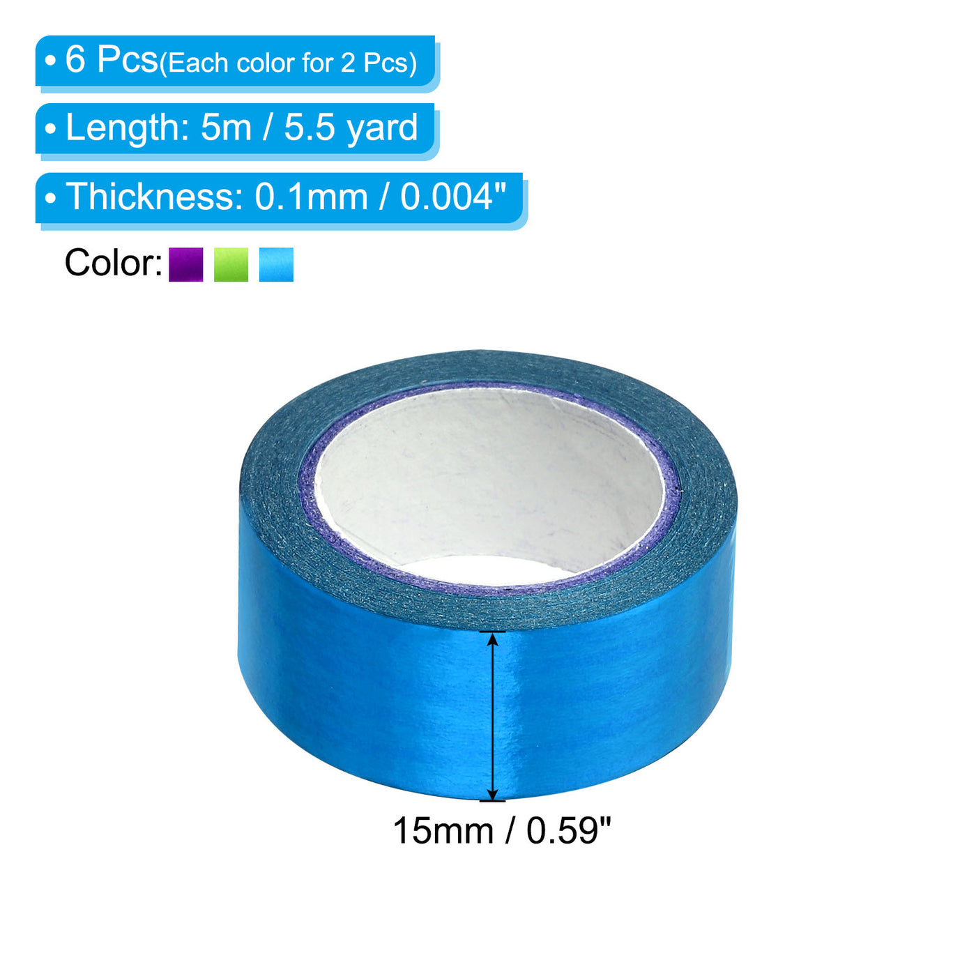 Harfington Metallic Washi Tape 15mmx5m, 6 Pack Art Tapes Adhesive Purple, Light Blue, Green