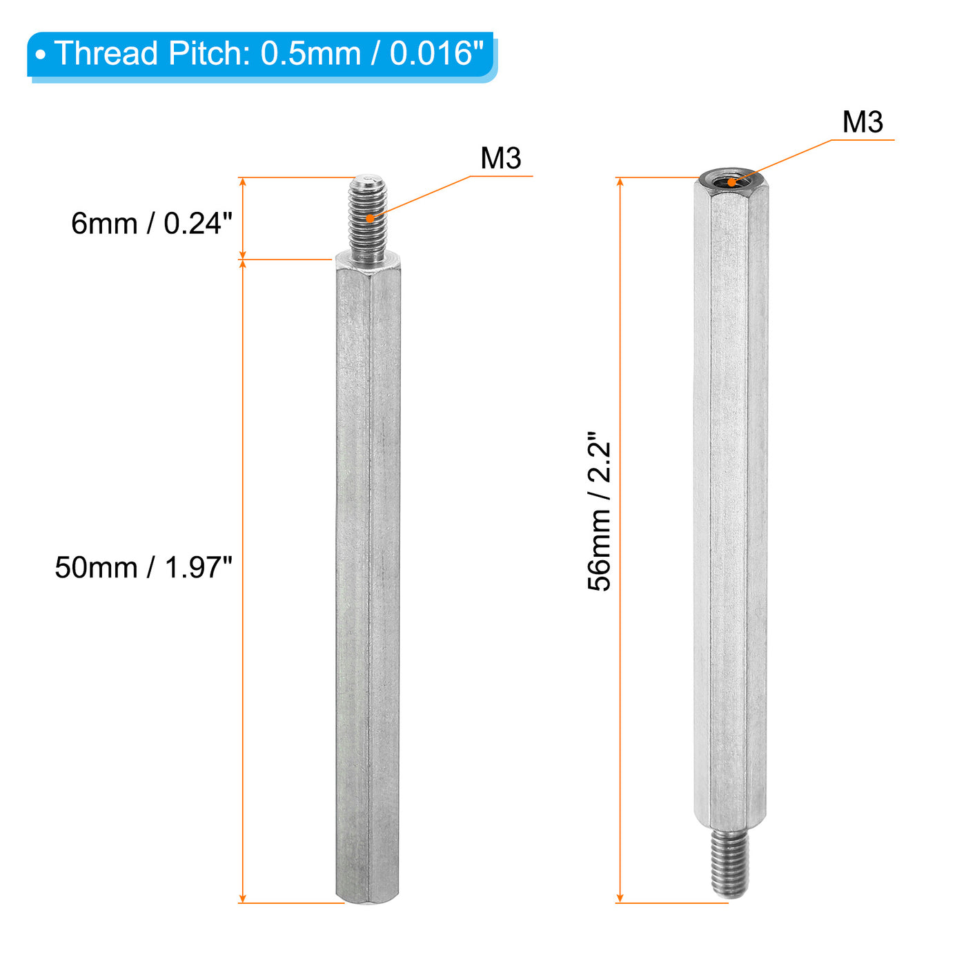 Harfington M3x50mm+6mm Male-Female Hex Standoff, 10 Pack Stainless Steel PCB Standoffs Screws for Motherboards, Computer Cases, Circuit Boards, Electronics