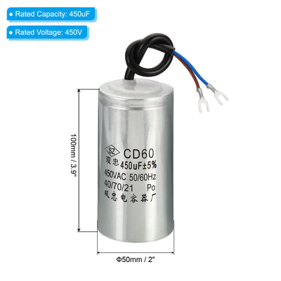 Harfington CD60 Run Capacitor, 450uF 450VAC 2 Wires 5% Tolerance 50/60Hz Motor Starting Capacitor for Air Compressor Motor Starts Running