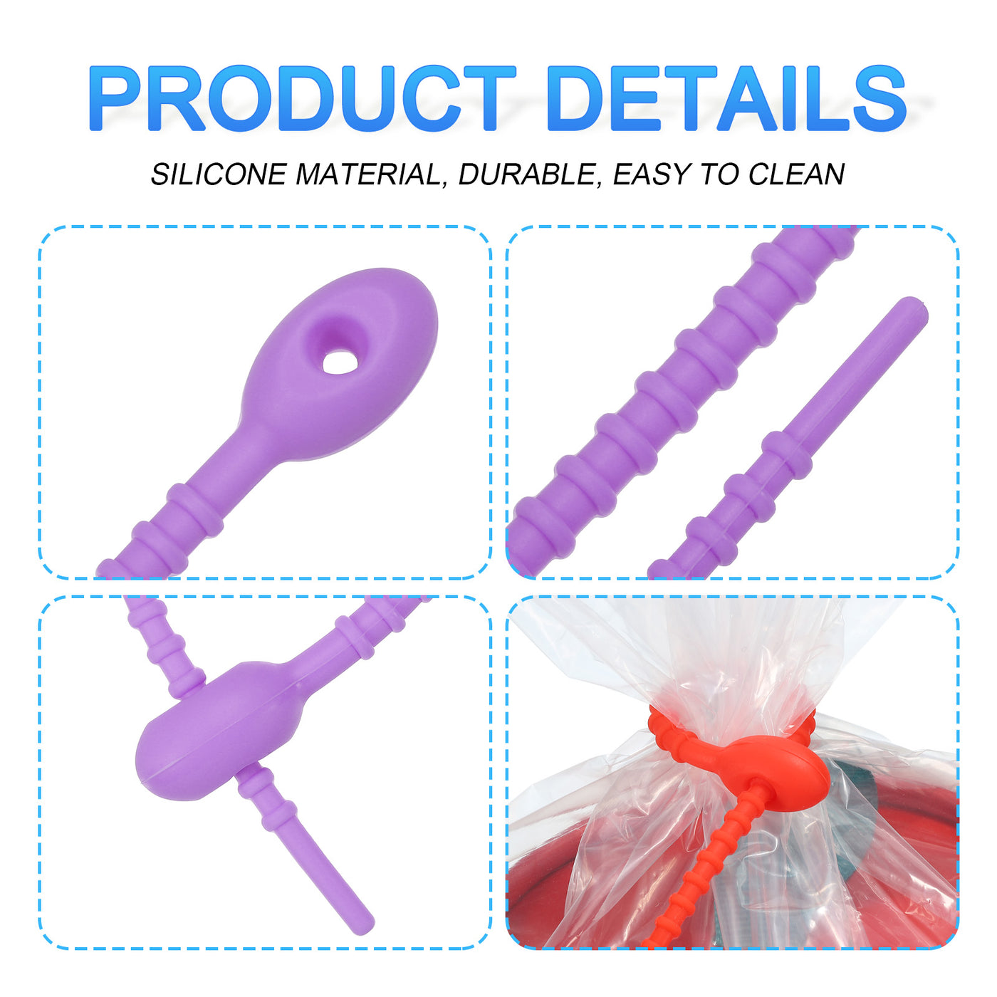 Harfington All-Purpose Silicone Ties 8.5 Inch, 15 Pieces Reusable Bread Ties (Purple)