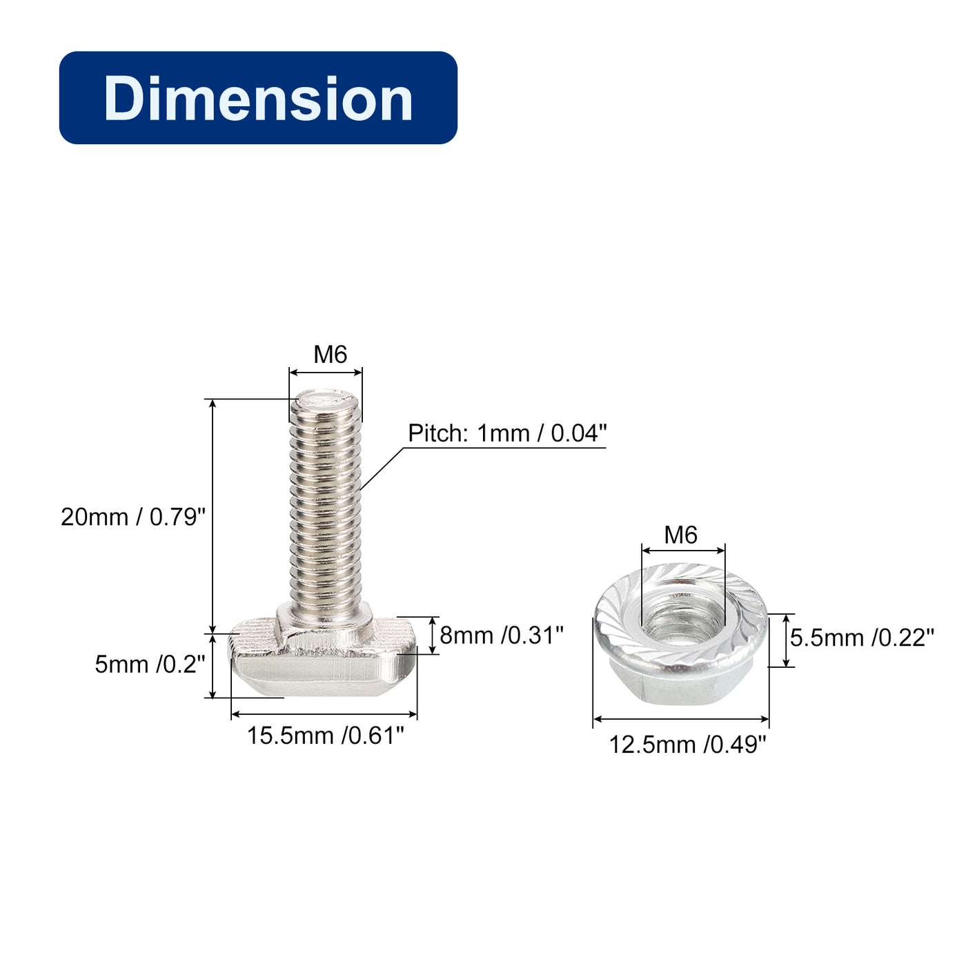 uxcell Uxcell M6x20mm T Slot Drop-in Bolt and M6 Hexagon Flange Nut Set, 20 Sets