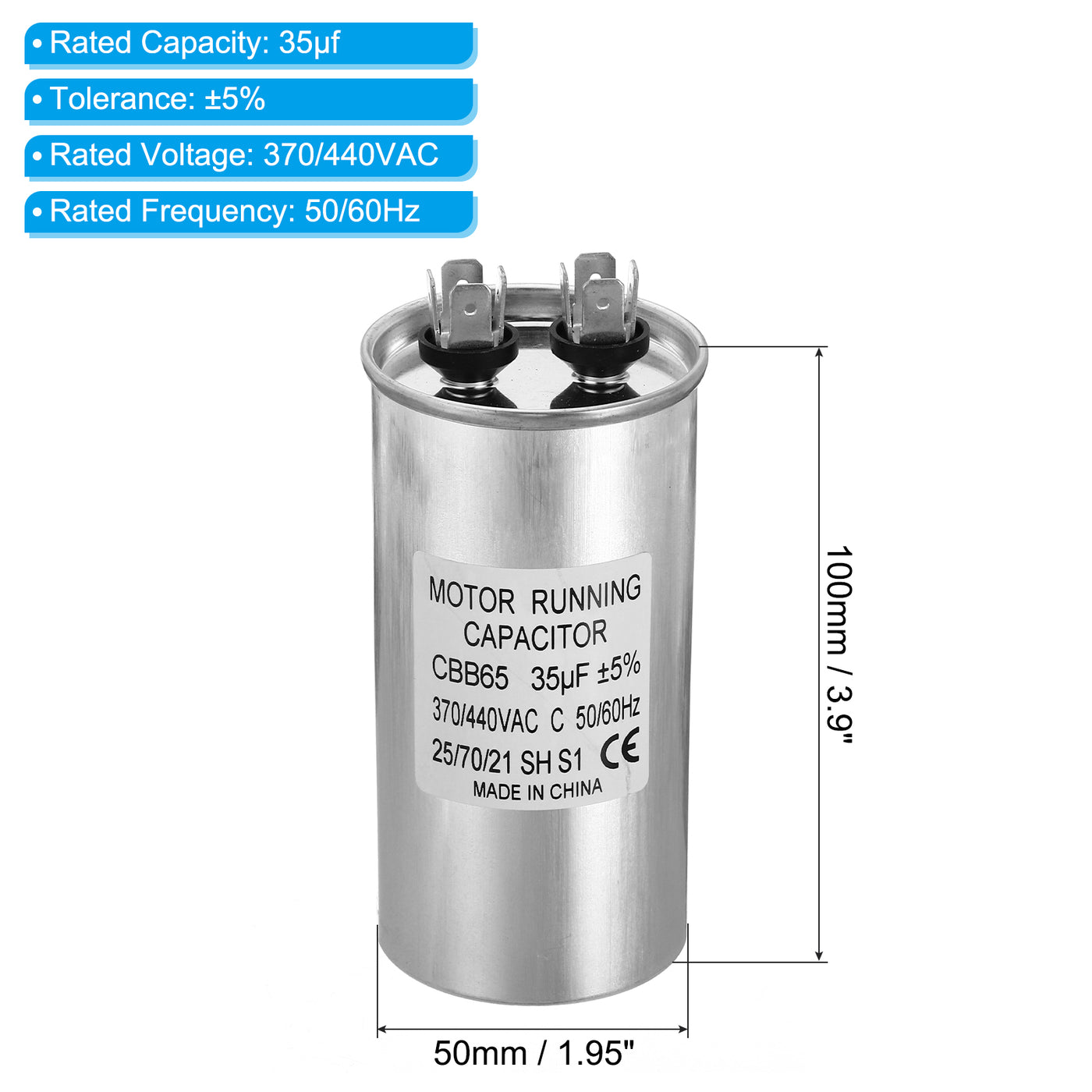 Harfington CBB65 35uf Run Capacitor, 35mfd AC 370/440V Aluminum Case with 2 Terminal