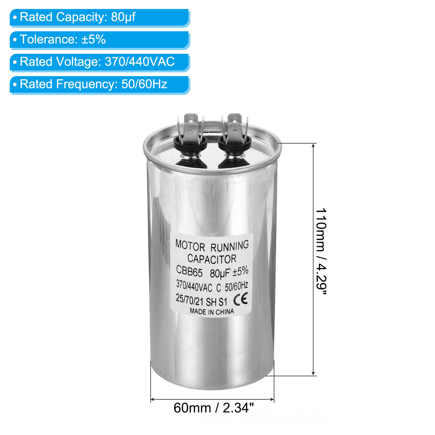 Harfington CBB65 80uf Run Capacitor, 80mfd AC 370/440V Aluminum Case with 2 Terminal