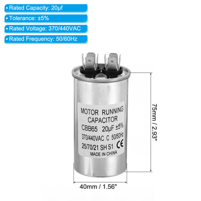 Harfington CBB65 20uf Run Capacitor, 20mfd 2Pcs AC 370/440V Aluminum Case with 2 Terminal