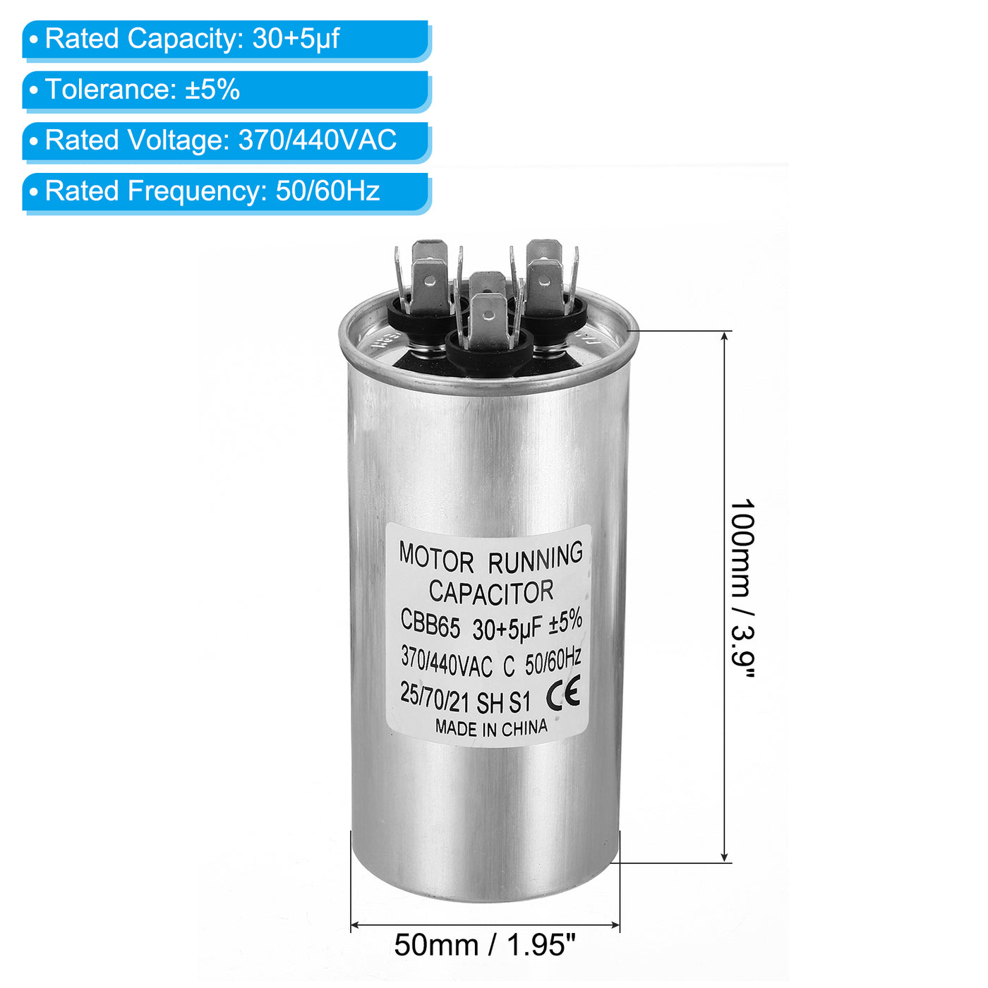 Harfington CBB65 30+5uf Run Capacitor, 30+5mfd AC 370/440V Aluminum Case with 3 Terminal