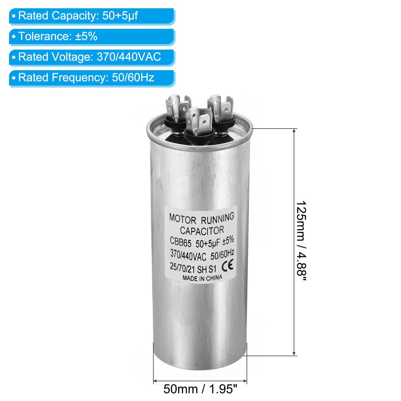 Harfington CBB65 50+5uf Run Capacitor, 50+5mfd AC 370/440V Aluminum Case with 3 Terminal