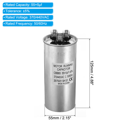 Harfington CBB65 55+5uf Run Capacitor, 55+5mfd AC 370/440V Aluminum Case with 3 Terminal