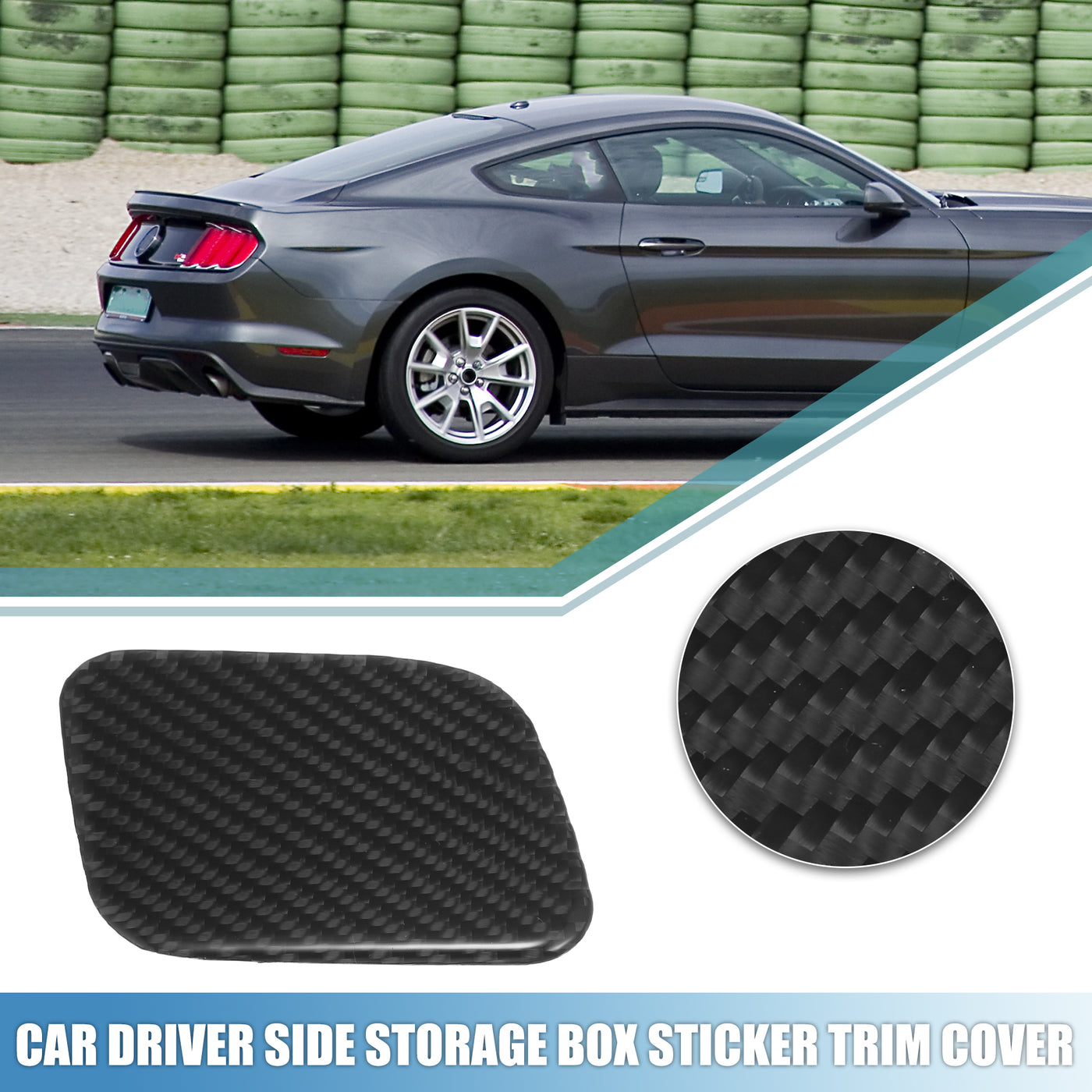 A ABSOPRO Car Driver Side Storage Box Sticker Trim Cover for Ford for Mustang 2015-2023 Polyurethane Carbon Fiber Pattern Black