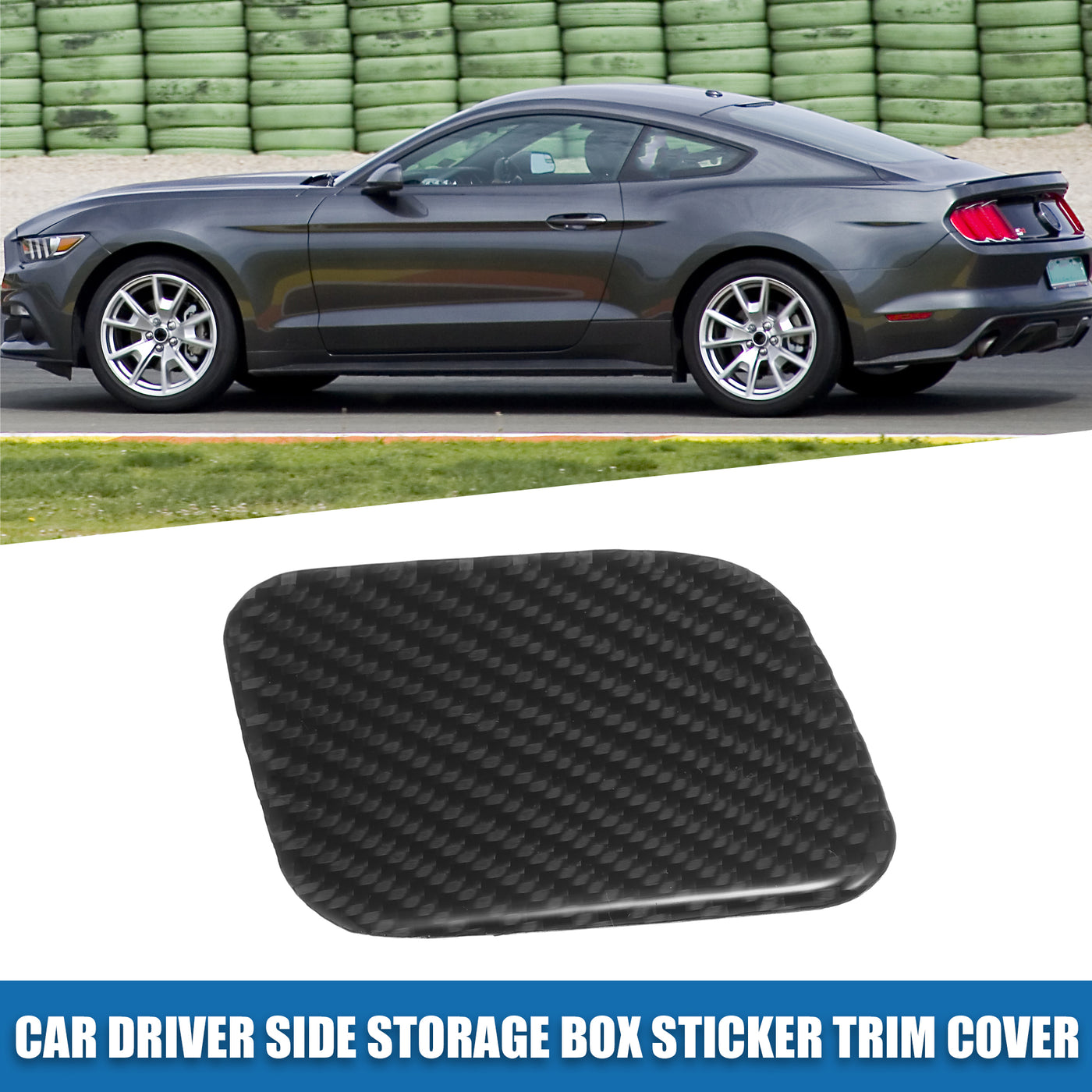 A ABSOPRO Car Driver Side Storage Box Sticker Trim Cover for Ford for Mustang 2015-2023 Polyurethane Carbon Fiber Pattern Black