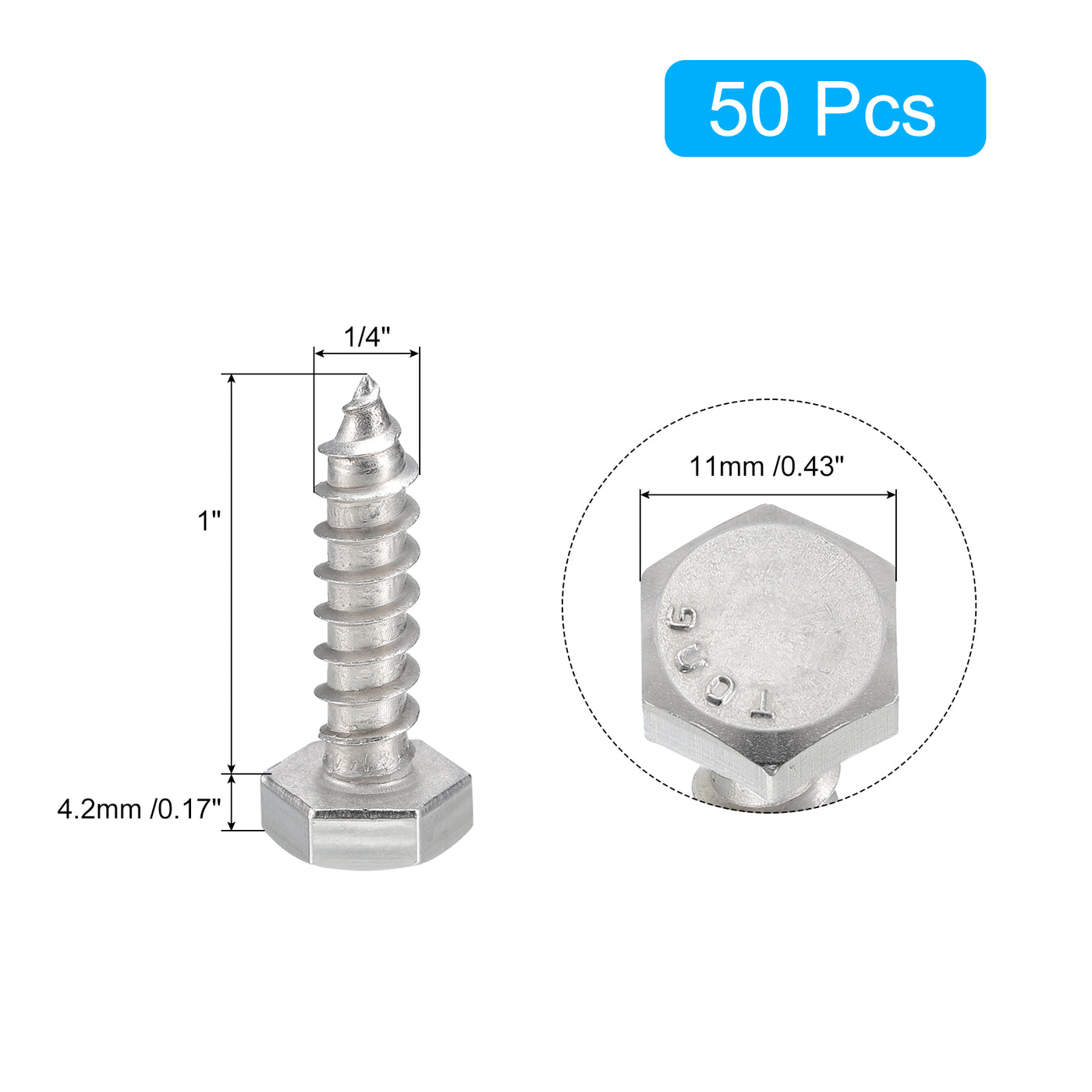 uxcell Uxcell Hex Head Lag Screws Bolts, 50pcs 1/4" x 1" 304 Stainless Steel Wood Screws