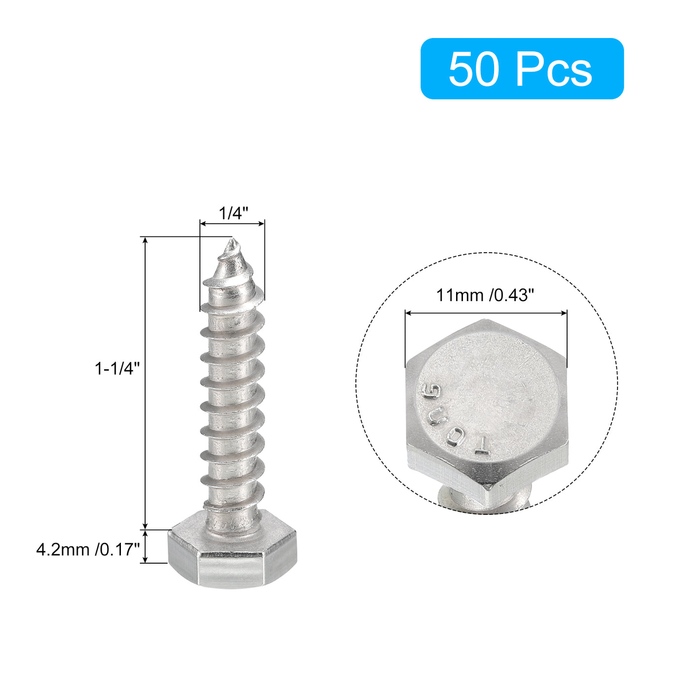 uxcell Uxcell Hex Head Lag Screws Bolts, 50pcs 1/4" x 1-1/4" 304 Stainless Steel Wood Screws