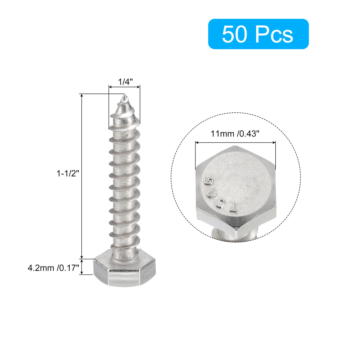 uxcell Uxcell Hex Head Lag Screws Bolts, 50pcs 1/4" x 1-1/2" 304 Stainless Steel Wood Screws