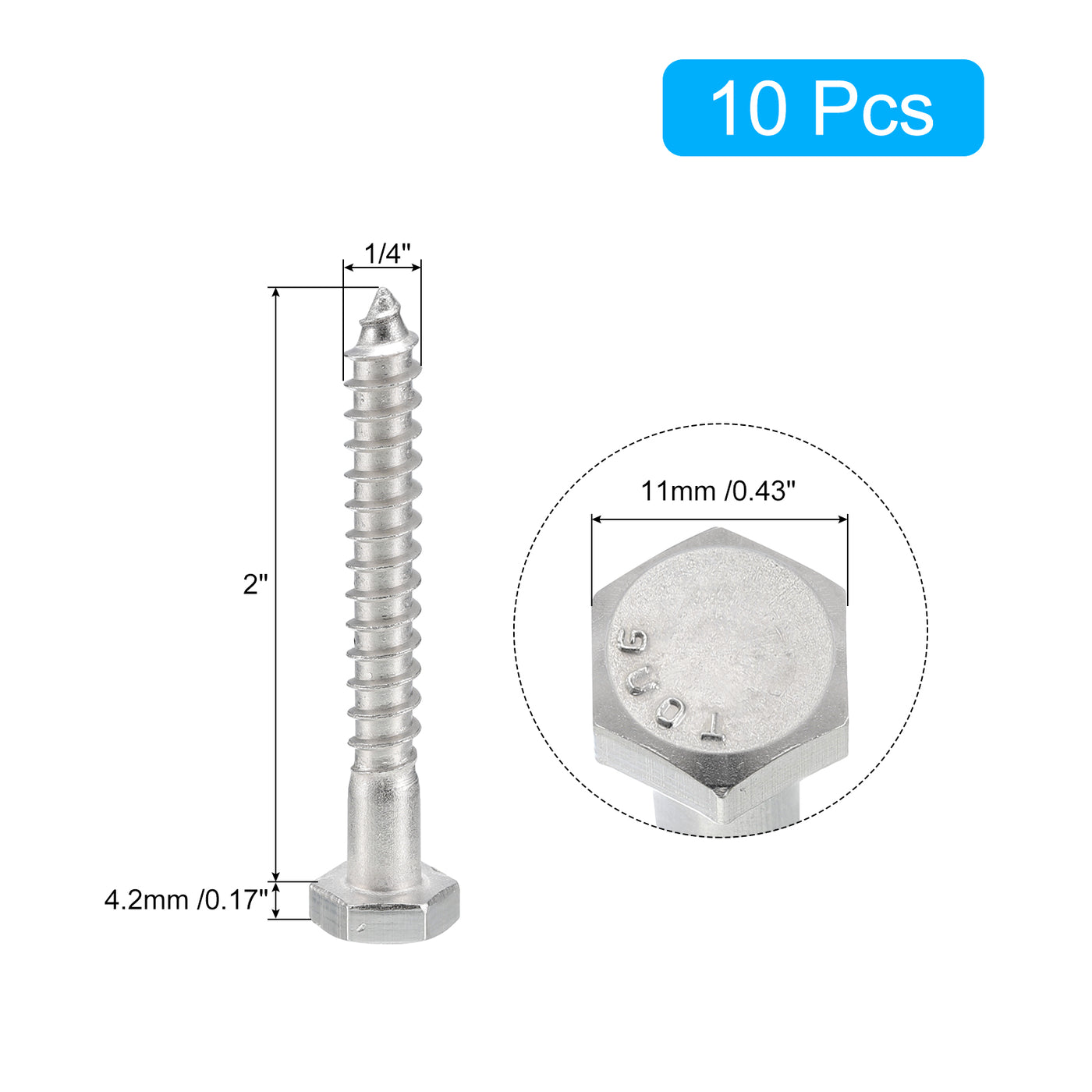 uxcell Uxcell Hex Head Lag Screws Bolts, 10pcs 1/4" x 2" 304 Stainless Steel Wood Screws