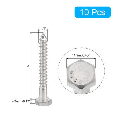 Harfington Uxcell Hex Head Lag Screws Bolts, 10pcs 1/4" x 2" 304 Stainless Steel Wood Screws