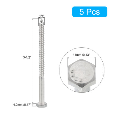 Harfington Uxcell 5Stk Hexkopf Zugschrauben Bolzen 1/4"x3-1/2" 304 Edelstahl Teilweise Gewinde Holz Schrauben