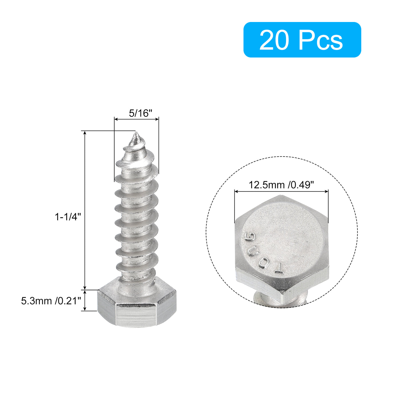 uxcell Uxcell Hex Head Lag Screws Bolts, 20pcs 5/16" x 1-1/4" 304 Stainless Steel Wood Screws