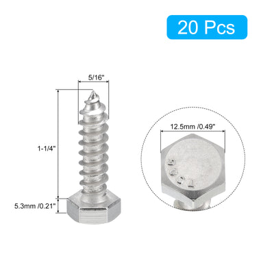 Harfington Uxcell Hex Head Lag Screws Bolts, 20pcs 5/16" x 1-1/4" 304 Stainless Steel Wood Screws