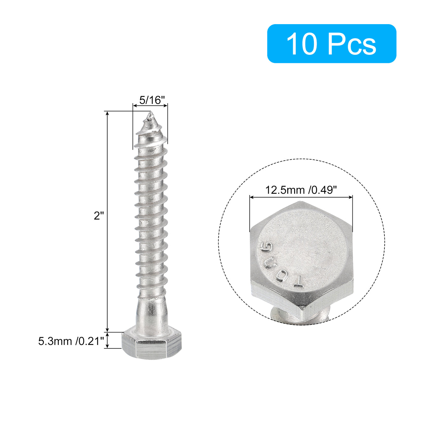 uxcell Uxcell Hex Head Lag Screws Bolts, 10pcs 5/16" x 2" 304 Stainless Steel Wood Screws