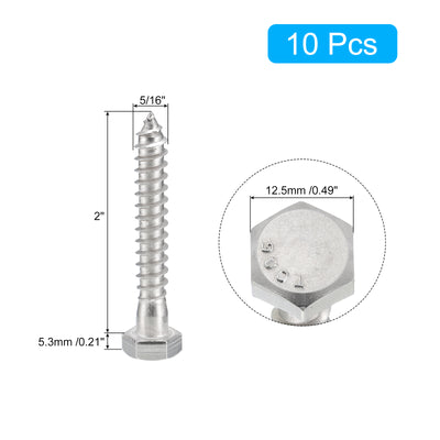 Harfington Uxcell Hex Head Lag Screws Bolts, 10pcs 5/16" x 2" 304 Stainless Steel Wood Screws