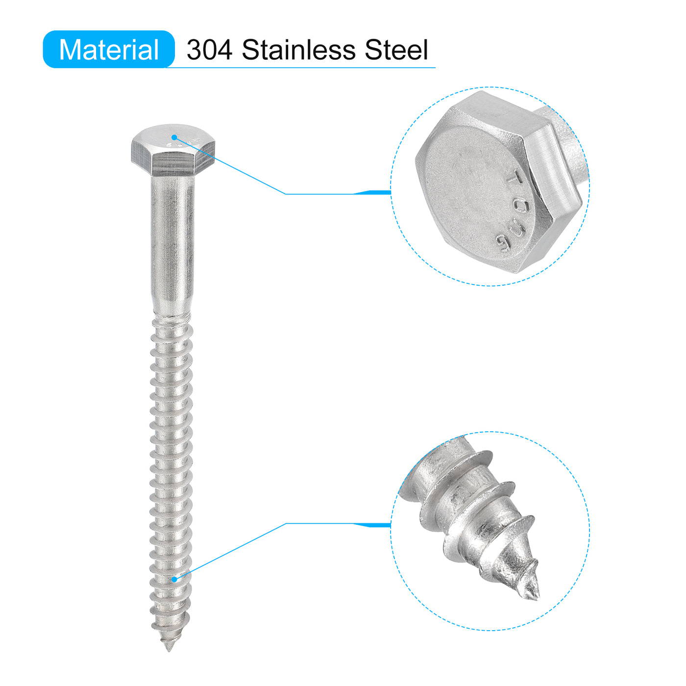 uxcell Uxcell Hex Head Lag Screws Bolts, 20pcs 5/16" x 3-1/2" 304 Stainless Steel Wood Screws