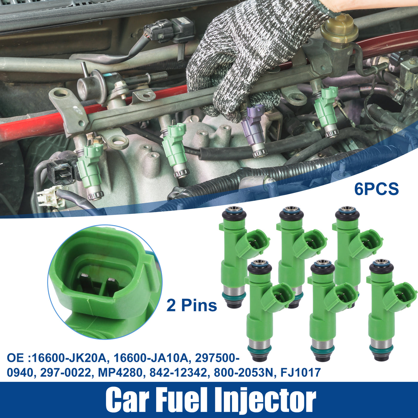 ACROPIX Car Fuel Injector Nozzle Replacement Fit for Infiniti Q50 2014-2018 16600-JK20A - Pack of 6 Green