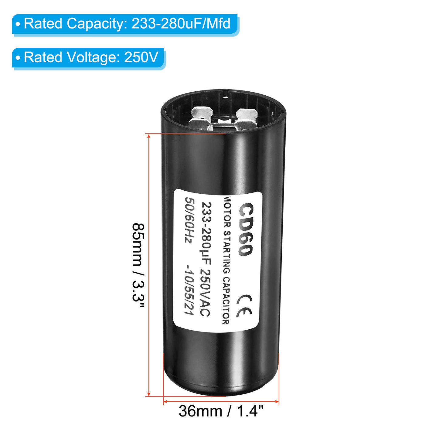 Harfington Motor Start Capacitor, 233-280uF/Mfd 250VAC 50/60Hz CD60 Run Capacitor Motor Starting Capacitor for Electric Motor Starts Running