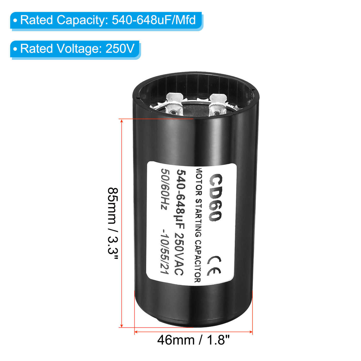 Harfington Motor Start Capacitor, 540-648uF/Mfd 250VAC 50/60Hz CD60 Run Capacitor Motor Starting Capacitor for Electric Motor Starts Running