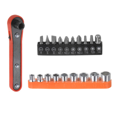 Harfington 20 in 1 Schraubenzieher Bit Set 1/4" Sechskant Schaft Torx Schlitz Kreuzschlitz Pozi Bit Set und 5-13mm Metrisch Steckdose mit 6 Punkte Mini Ratschenschlüssel