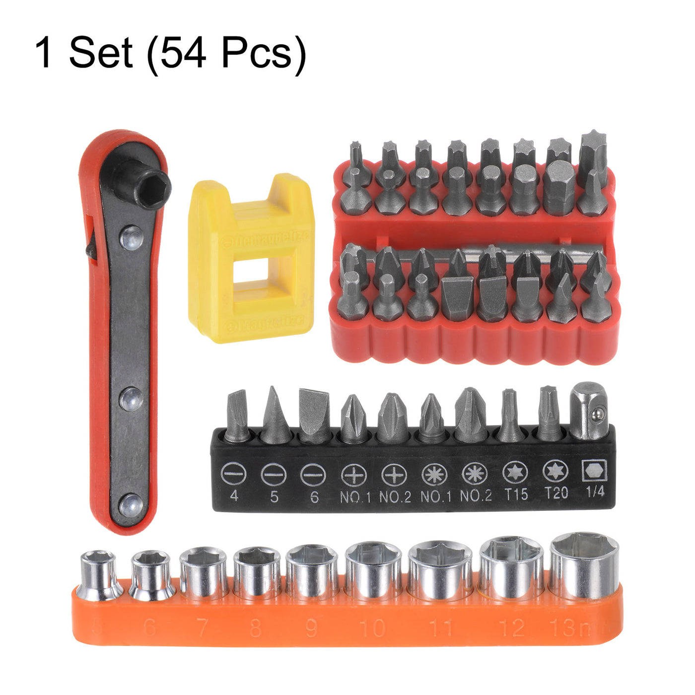 Harfington 54 in 1 Schraubenzieher Bit Set 1/4" Sechskant Schaft Torx Schlitz Kreuzschlitz Pozi Bit Set 5-13mm Metrisch Steckdose und Bit Magnetisator Ring mit 6 Punkte Mini Ratschenschlüssel