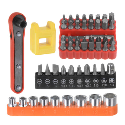 Harfington 54 in 1 Schraubenzieher Bit Set 1/4" Sechskant Schaft Torx Schlitz Kreuzschlitz Pozi Bit Set 5-13mm Metrisch Steckdose und Bit Magnetisator Ring mit 6 Punkte Mini Ratschenschlüssel