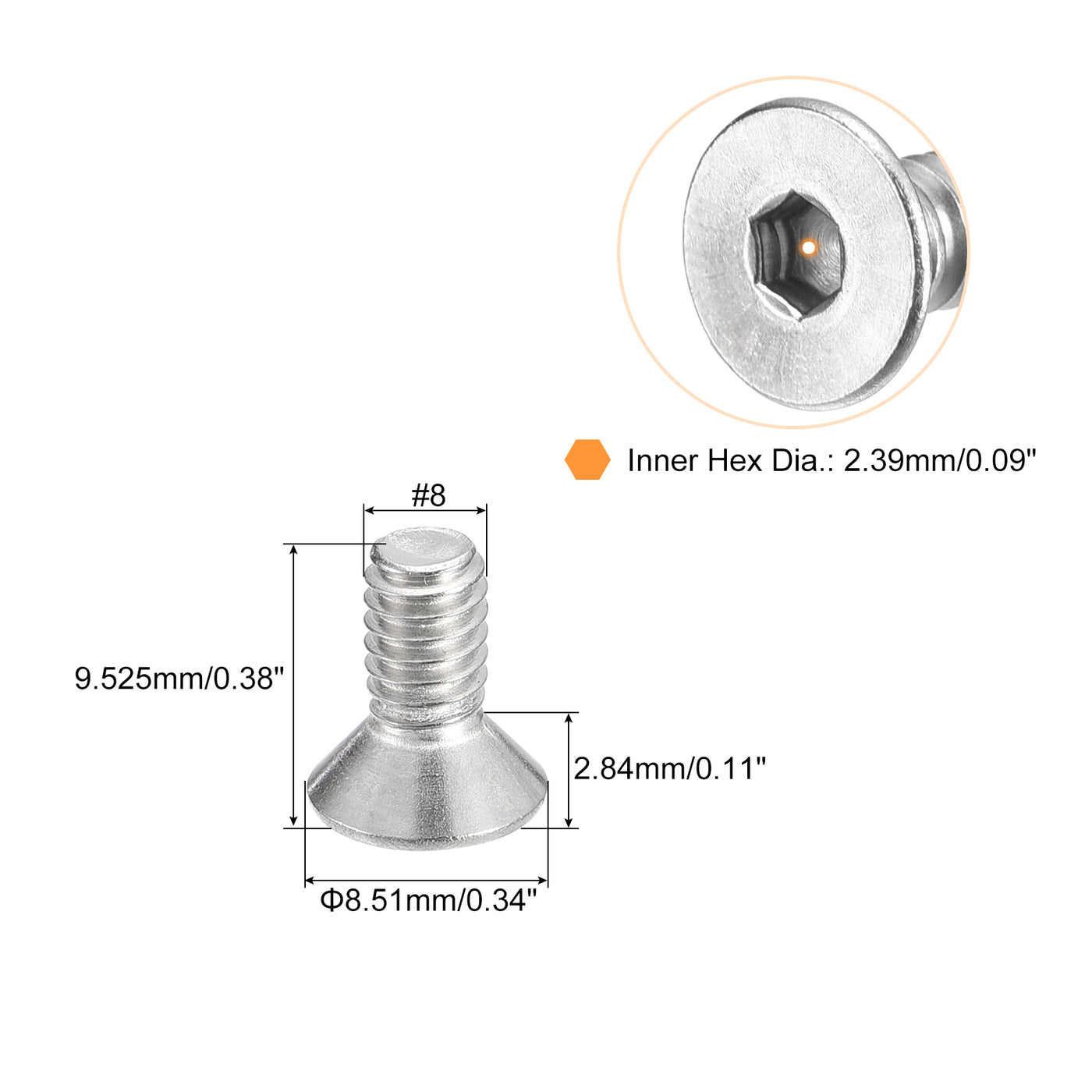 uxcell Uxcell #8-32x3/8" Flat Head Socket Cap Screws, 304 Stainless Steel Fasteners 50Pcs