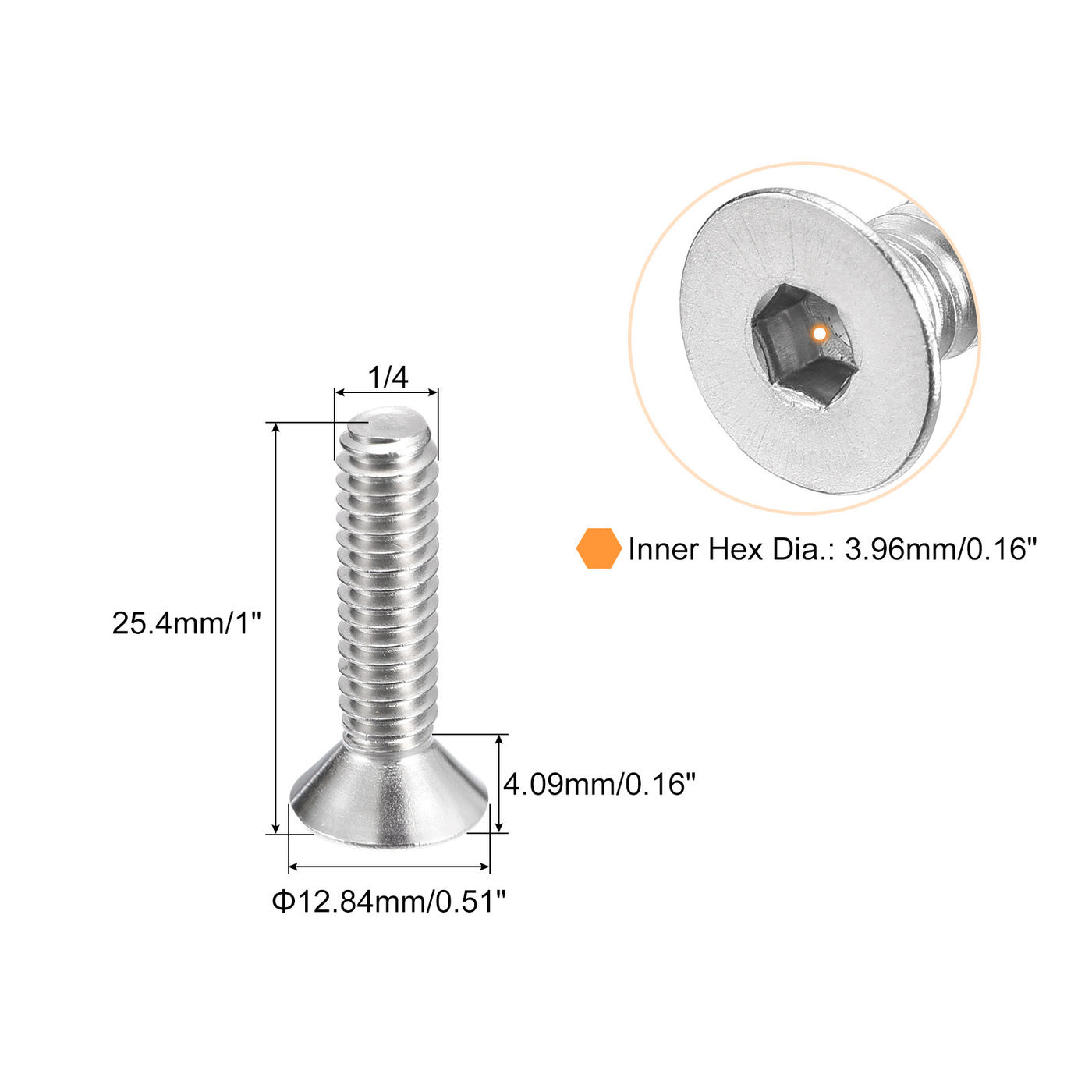 uxcell Uxcell 1/4-20x1" Flat Head Socket Cap Screws, 304 Stainless Steel Fasteners 50Pcs