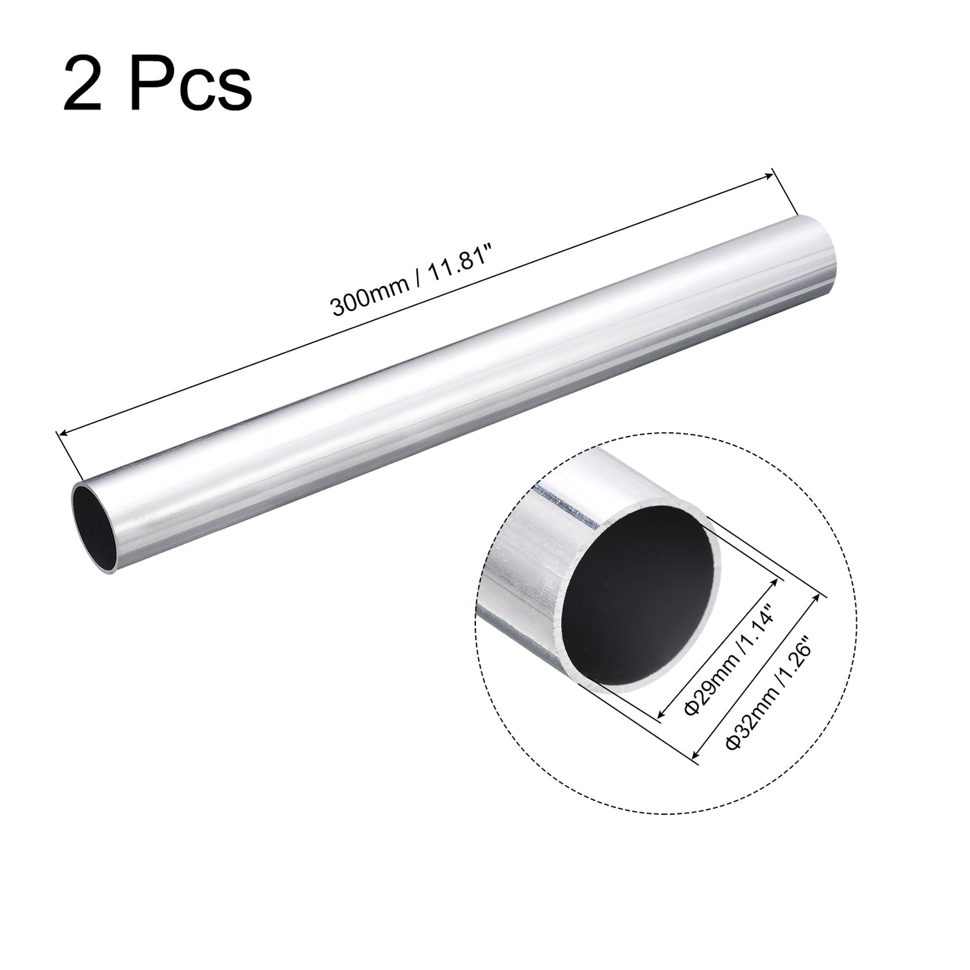 uxcell Uxcell 32mm OD 29mm Inner Dia 300mm Length 6063 Aluminum Tube for Industry DIY, 2 Pcs