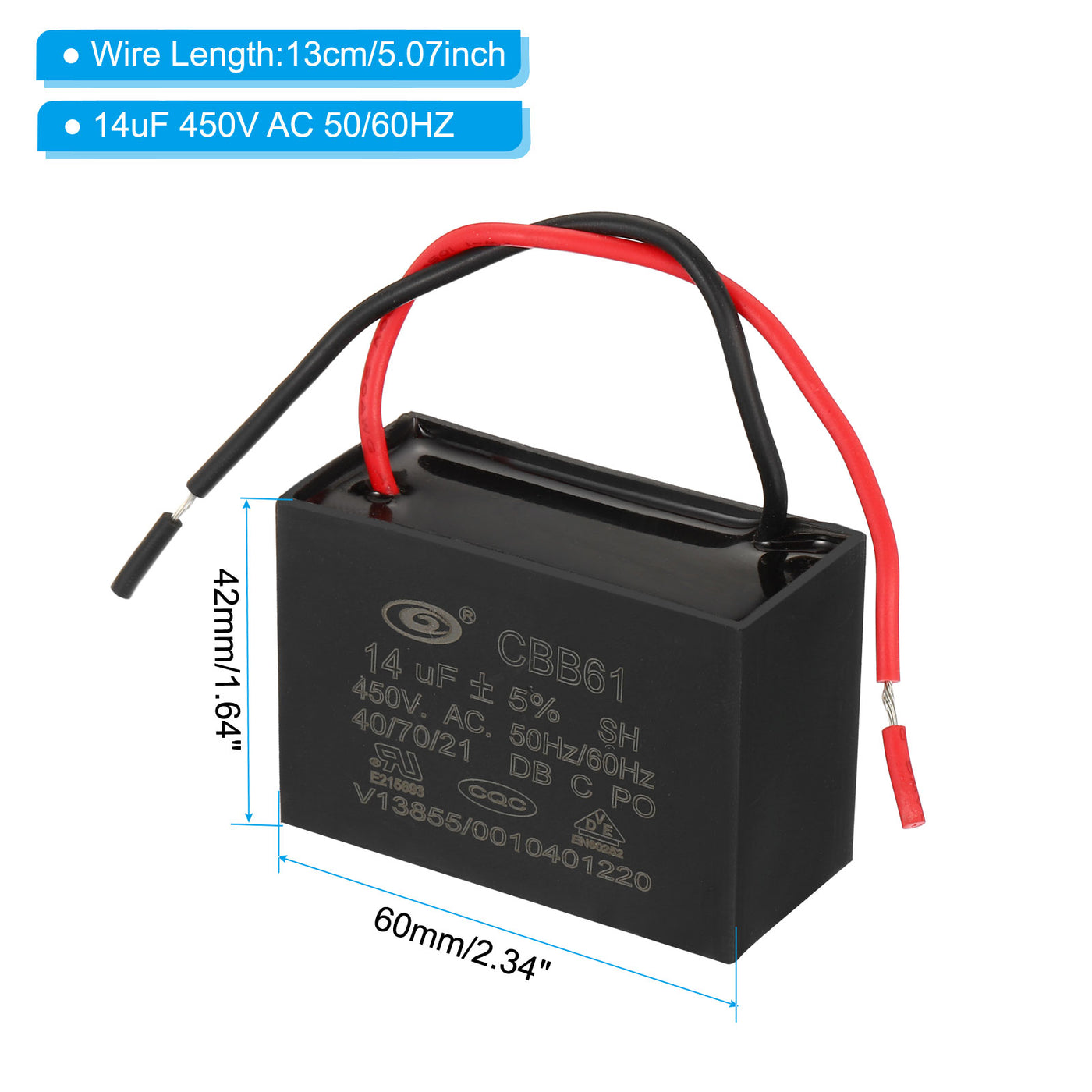 Harfington 2Stk CBB61 Decke Lüfter Kondensator 14uF 450V AC 50/60HZ mit 2 Drähte für Klimaanlage Lüfter Motor Start Betrieb Kondensatoren 60 x 40 x 42mm