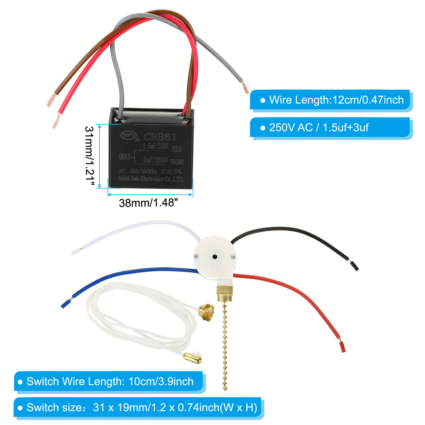 Harfington CBB61 Ceiling Fan Capacitor,1.5+3uF 250VAC 3 Wires with 3 Speed Fan Switch