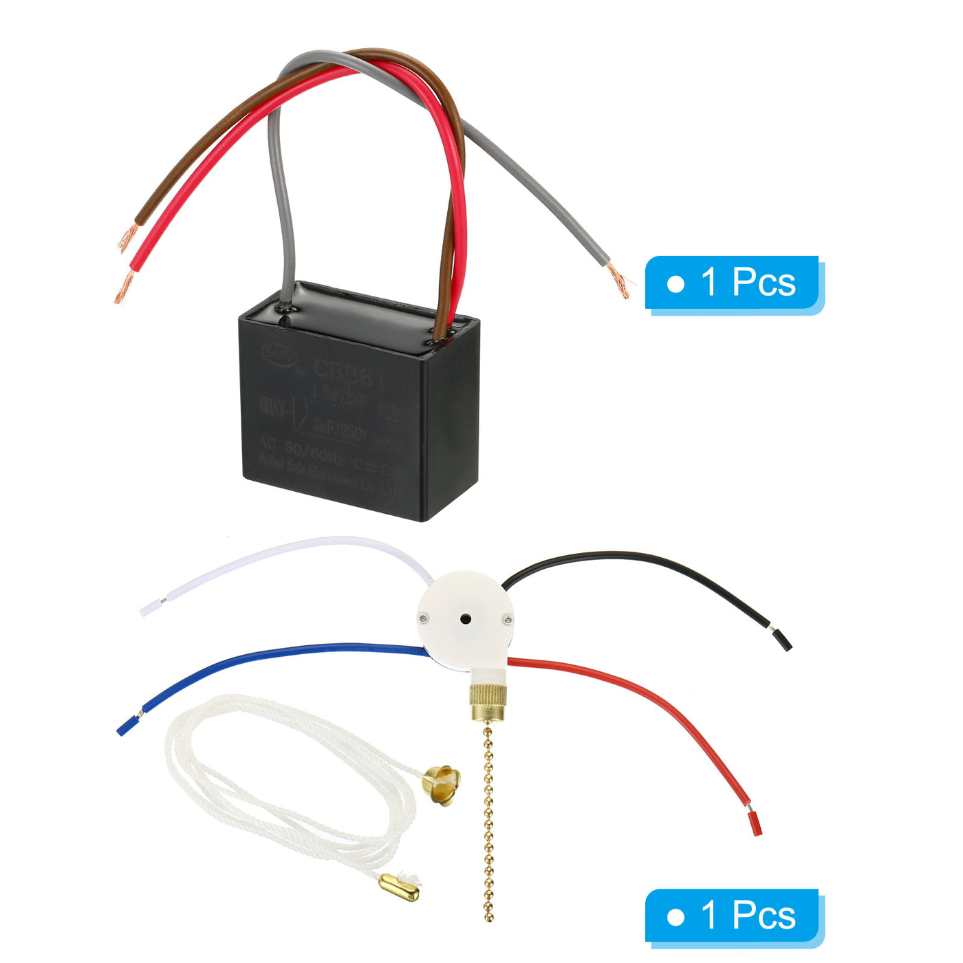 Harfington CBB61 Ceiling Fan Capacitor,1.5+3uF 250VAC 3 Wires with 3 Speed Fan Switch