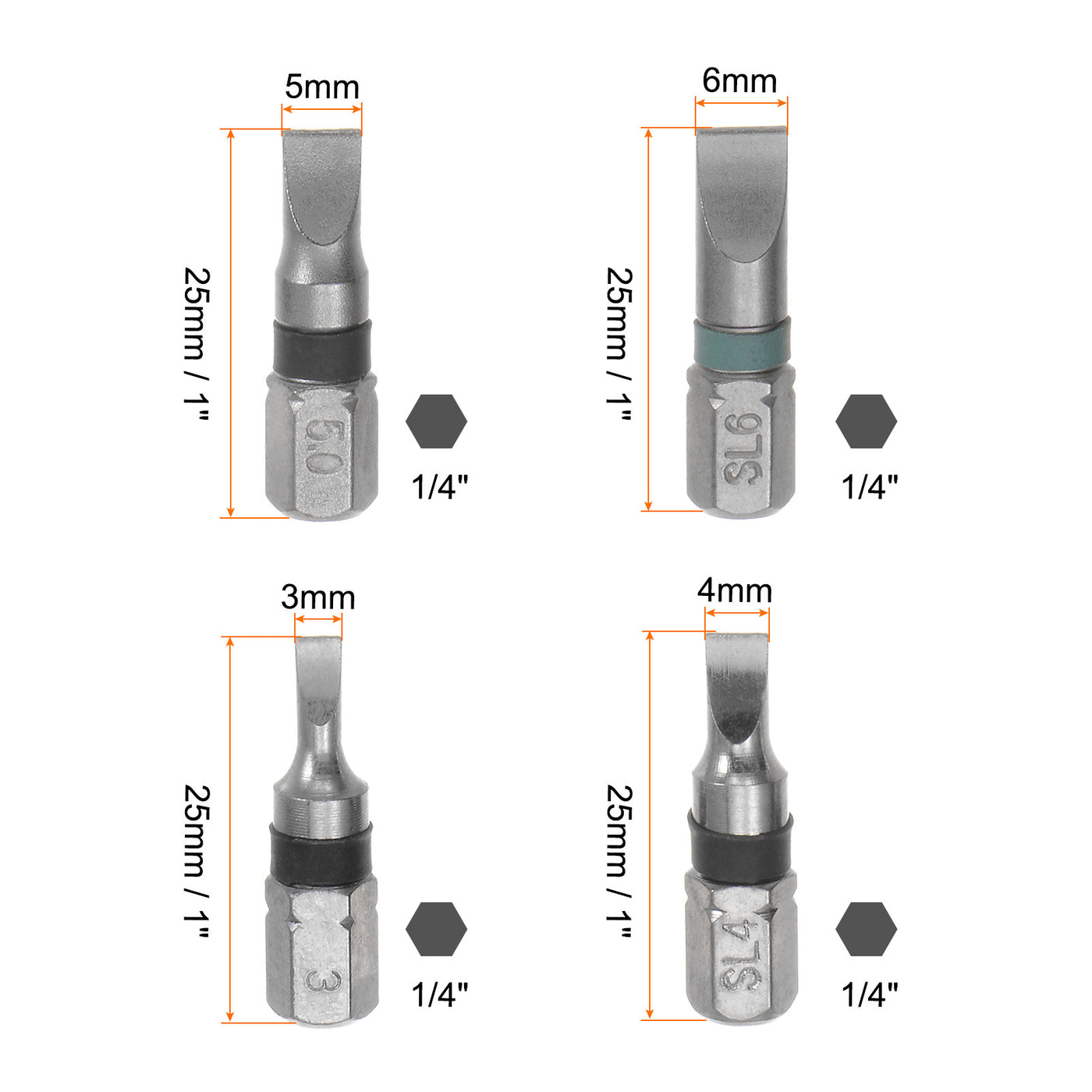 Harfington 4Stk Geschlitzt Sechskant Schraubendreher Bit 3-6mm 1/4" Sechskant Schaft 1" Länge S2 Stahl Magnetik Leistung Bohrer