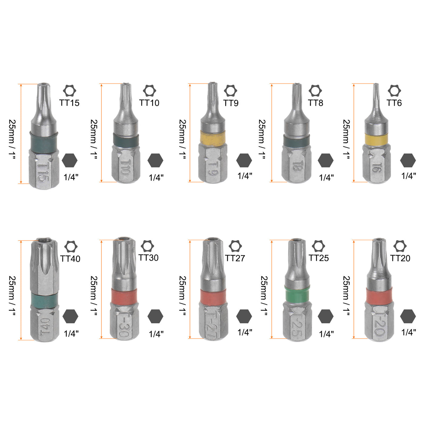 Harfington 10Stk Torx Sechskant Schraubendreher Bit T6-T40 1/4" Sechskant Schaft 1" Länge S2 Stahl Magnetik Leistung Bohrer