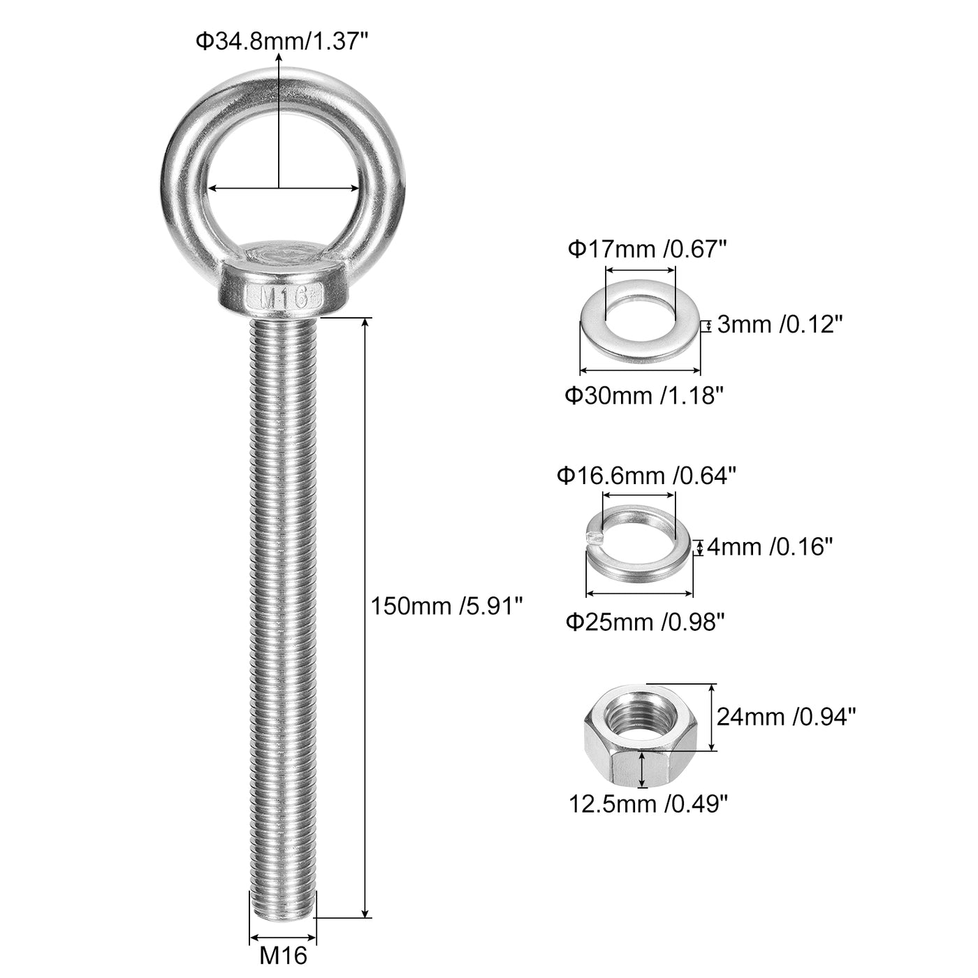 uxcell Uxcell Lifting Eye Bolt, 1 Set M16x150mm Eye Bolt with Nut Washer 304 Stainless Steel