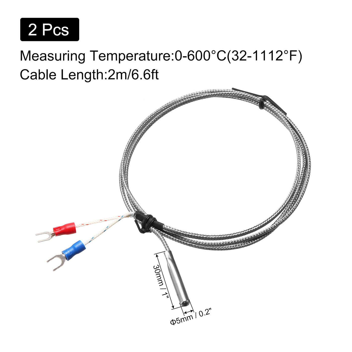 Harfington 2pcs K Type Thermocouple Temperature Sensor Probe 5x30mm 3.3ft Wire