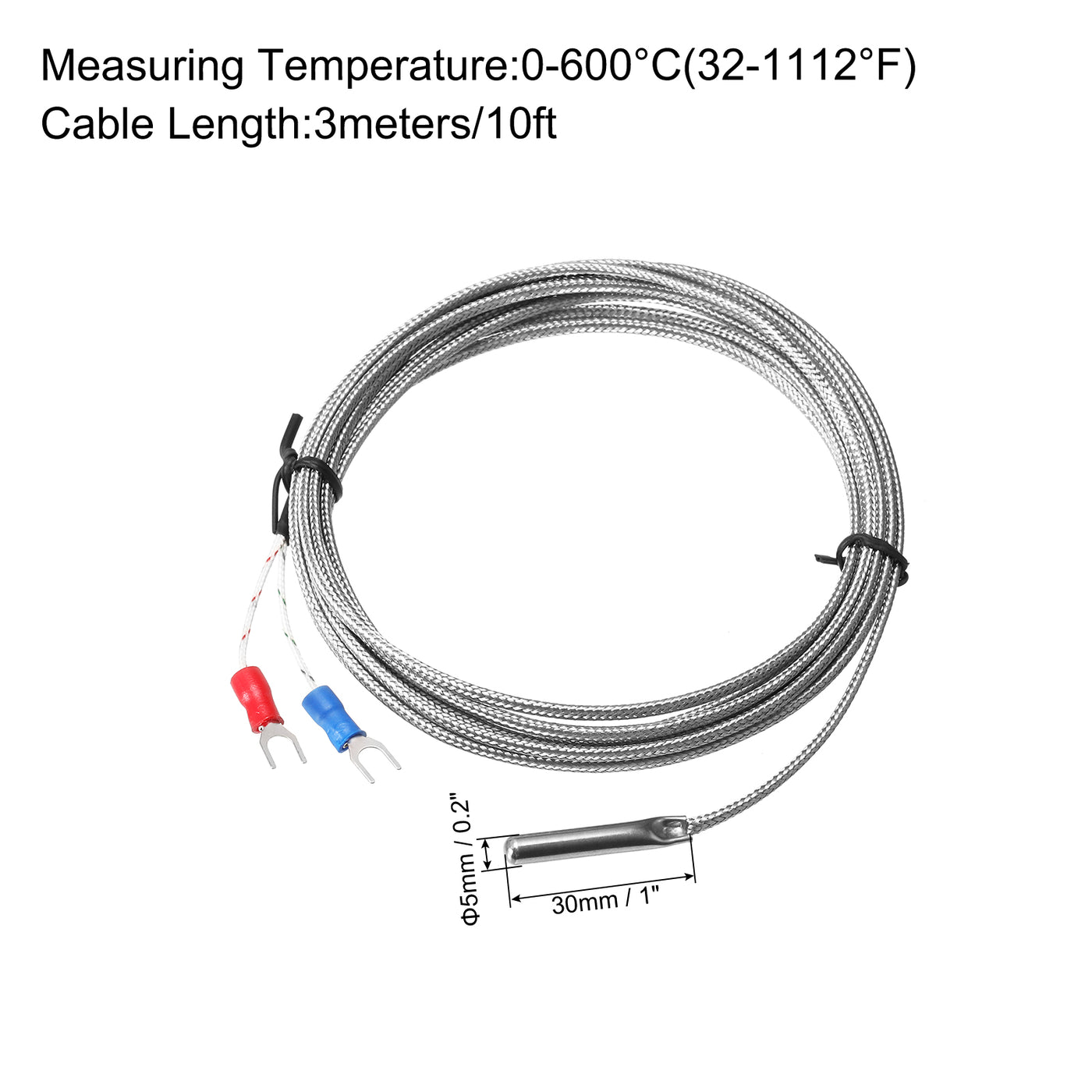 Harfington K Type Thermocouple Temperature Sensor Probe 5x30mm 10ft Wire 0 to 600°C(32 to 1112°F) Stainless Steel