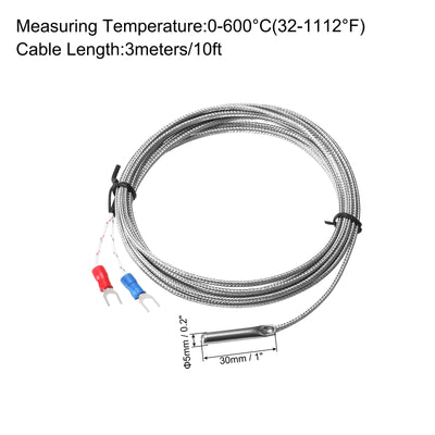 Harfington K Type Thermocouple Temperature Sensor Probe 5x30mm 10ft Wire 0 to 600°C(32 to 1112°F) Stainless Steel