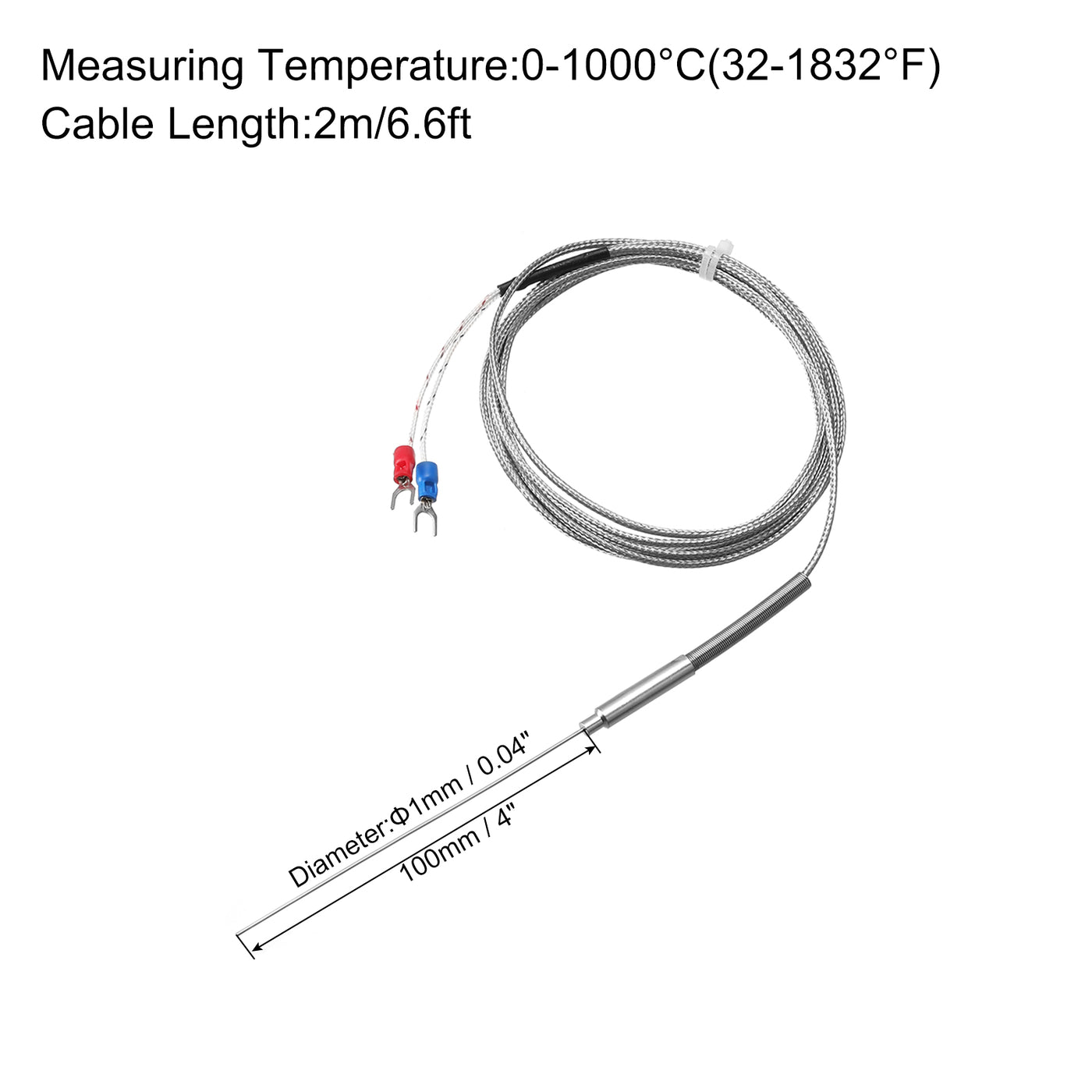 Harfington K Type Thermocouple Temperature Sensor Probe 1x100mm 6.6ft Wire 0 to 1000°C(32 to 1832°F) Stainless Steel