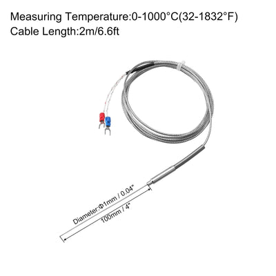 Harfington K Type Thermocouple Temperature Sensor Probe 1x100mm 6.6ft Wire 0 to 1000°C(32 to 1832°F) Stainless Steel