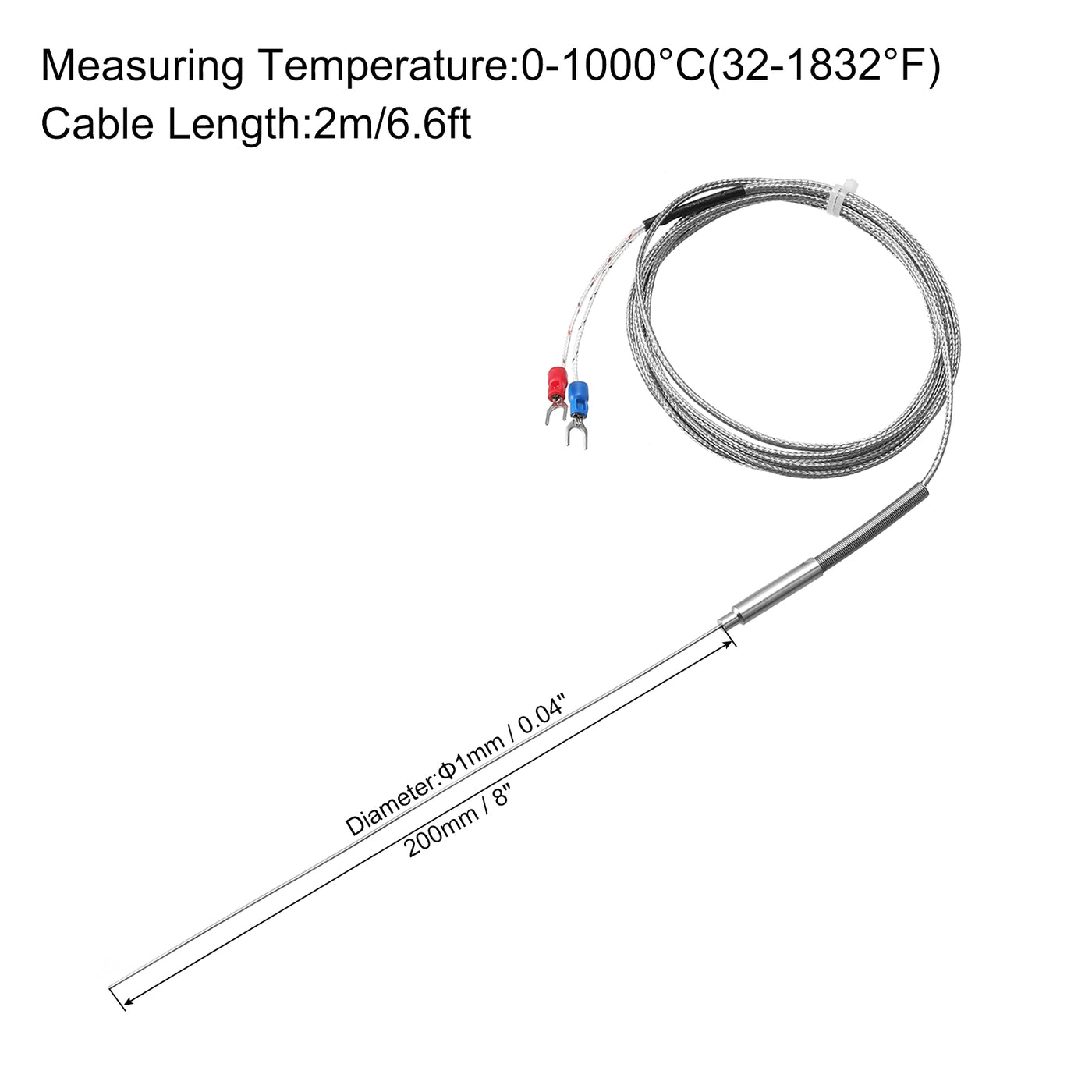 Harfington K Type Thermocouple Temperature Sensor Probe 1x200mm 6.6ft Wire 0 to 1000°C(32 to 1832°F) Stainless Steel