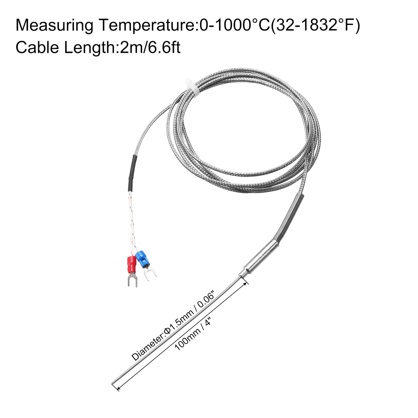 Harfington K Type Thermocouple Temperature Sensor Probe 1.5x100mm 6.6ft Wire 0 to 1000°C(32 to 1832°F) Stainless Steel