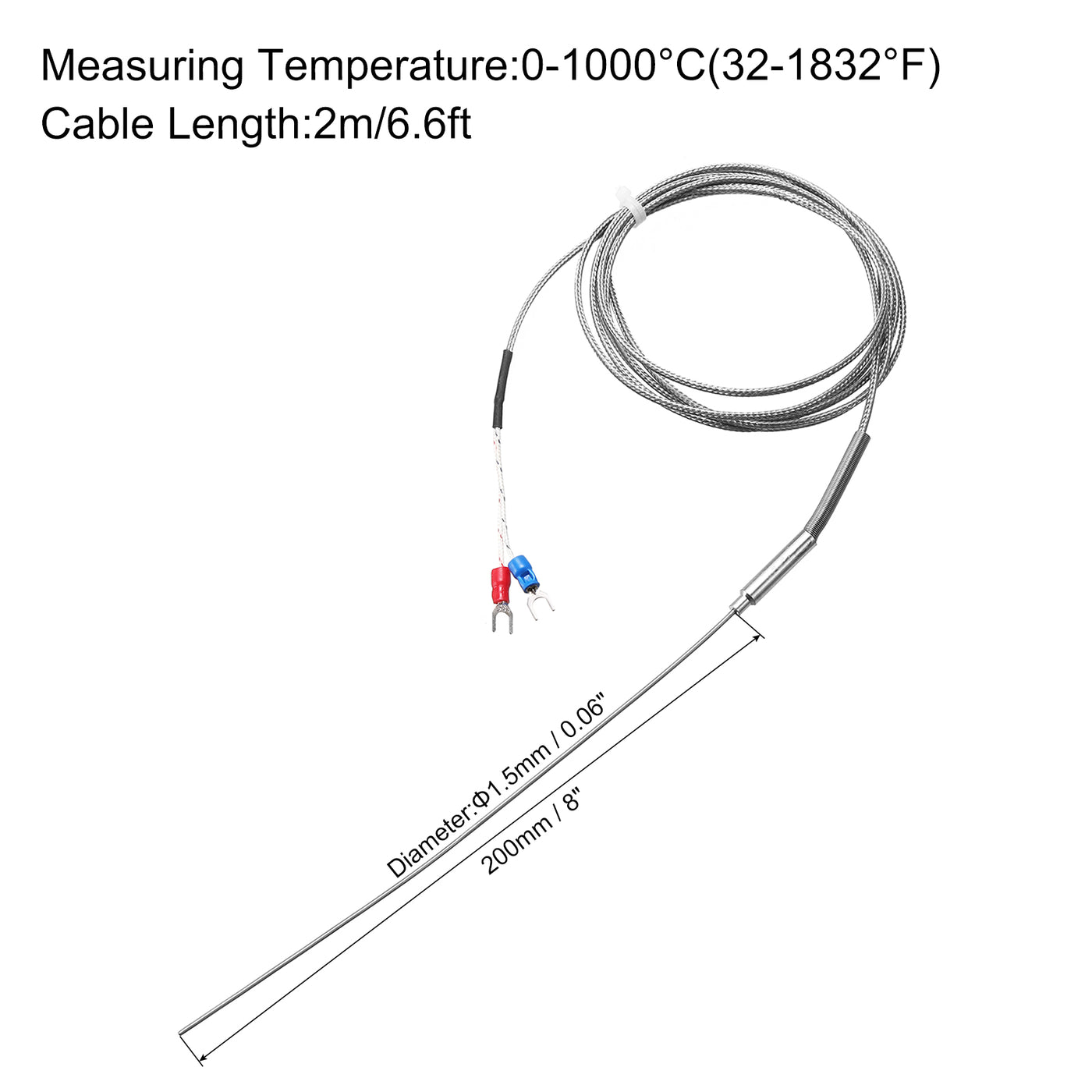 Harfington K Type Thermocouple Temperature Sensor Probe 1.5x200mm 6.6ft Wire 0 to 1000°C(32 to 1832°F) Stainless Steel